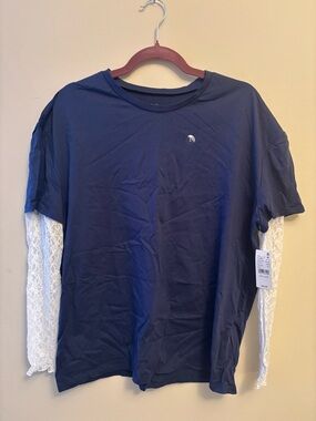 Women's Navy Layered-Look Shirt with White Lace Sleeves